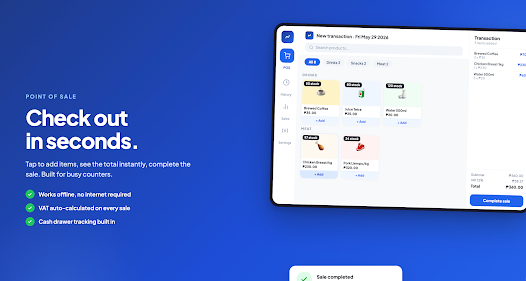 Billouvent POS: Check out in seconds with product grid, cart, VAT, and complete sale